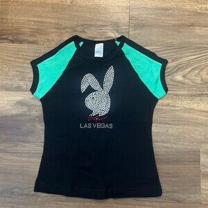 Playboy T-Shirt Womens Size S Black Green Raglan Cropped Y2K Las Vegas